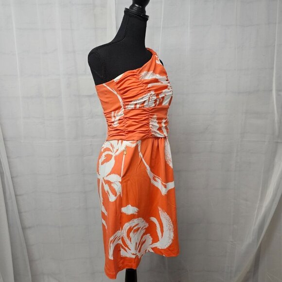 NWT Tracy Negoshian Orange White Tropical Ruched One Shoulder Mini Dress S - Picture 3 of 12